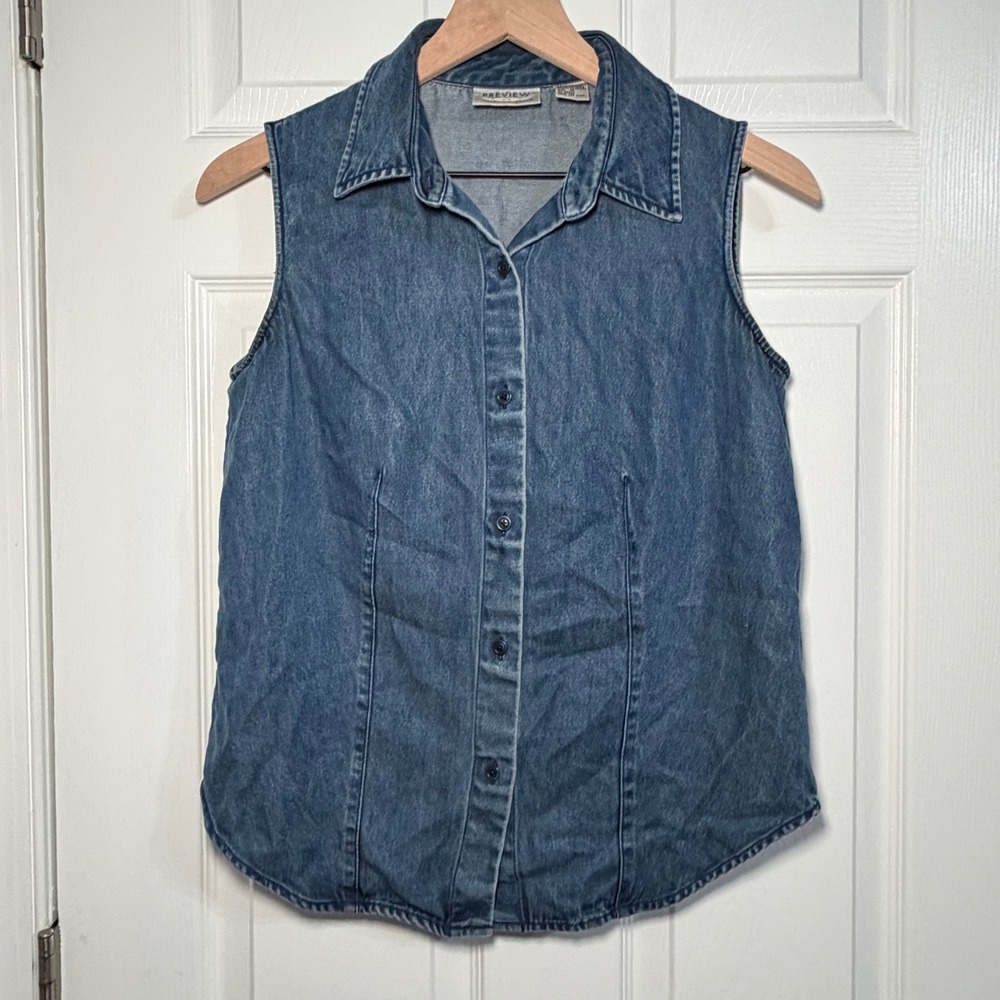 VTG 90s Preview International Women Lyocell Tencel Sleeveless Denim Shirt M